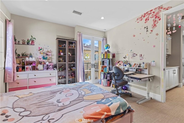 bedroom with light colored carpet, visible vents, baseboards, access to exterior, and french doors