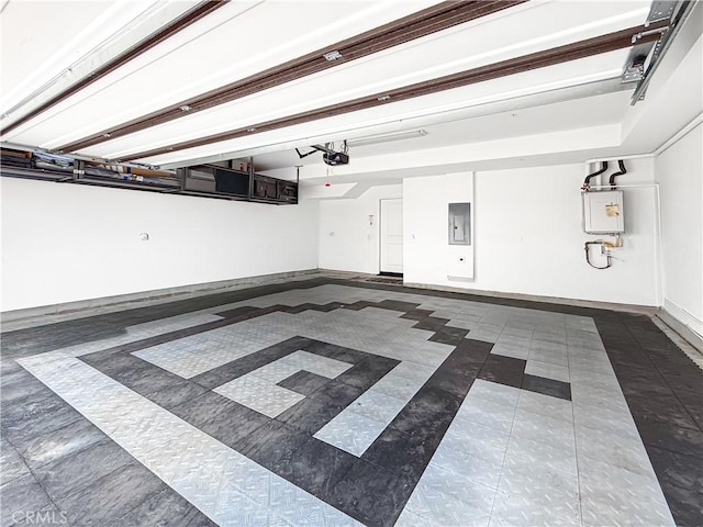 garage featuring water heater, electric panel, baseboards, and a garage door opener