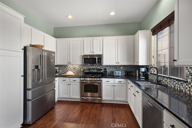 kitchen featuring stainless steel appliances, dark wood-style flooring, a sink, white cabinets, and tasteful backsplash