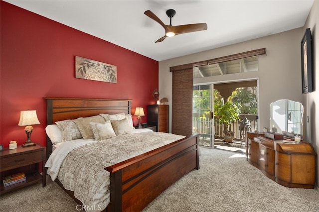 bedroom with ceiling fan, access to outside, and carpet flooring