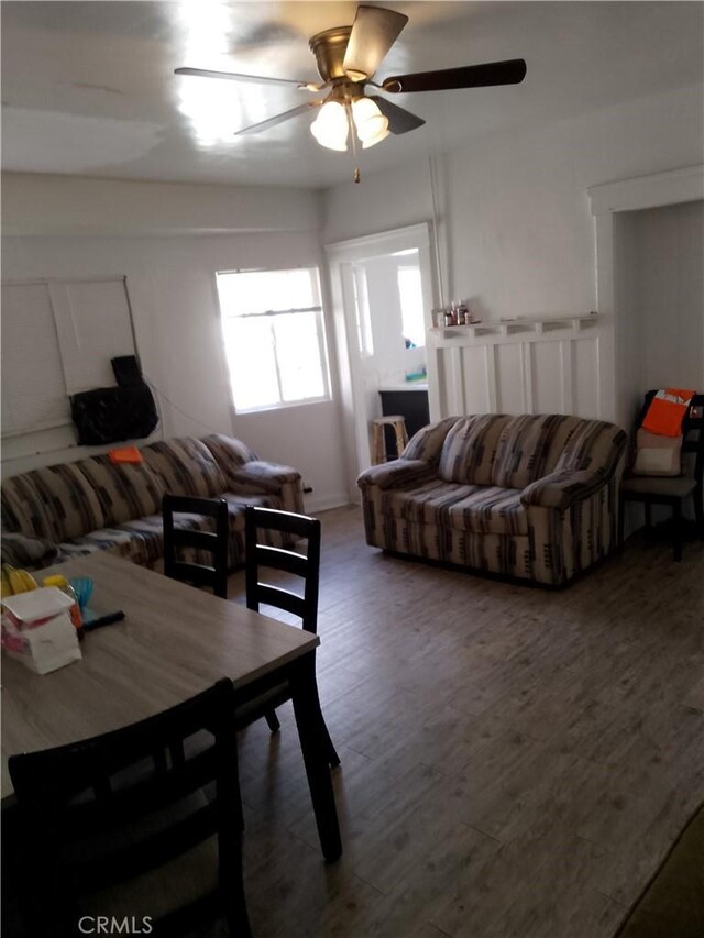 living room featuring a ceiling fan and wood finished floors