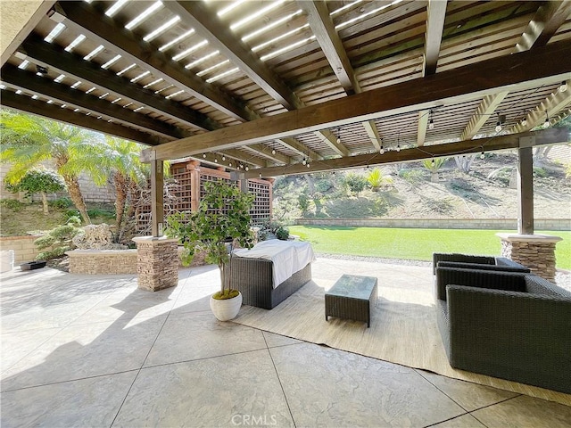 view of patio / terrace with an outdoor living space and a pergola