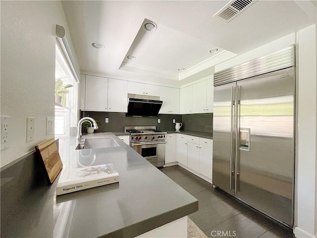 kitchen featuring white cabinetry, visible vents, a sink, and high quality appliances