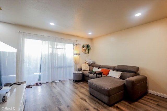 living area with baseboards, wood finished floors, and recessed lighting