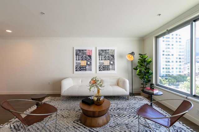 living area with a city view, wood finished floors, recessed lighting, crown molding, and baseboards