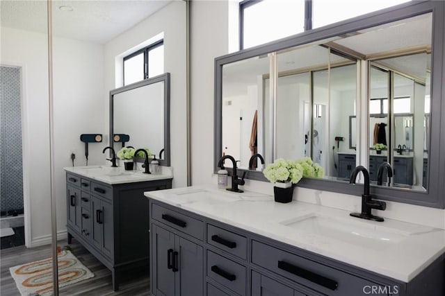 bathroom featuring double vanity, wood finished floors, and a sink