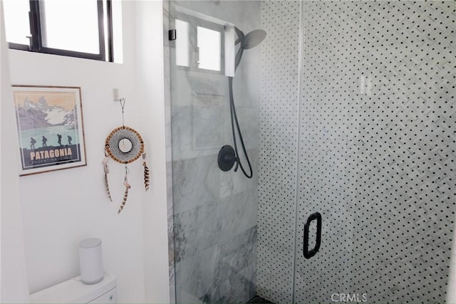 bathroom with a stall shower and toilet