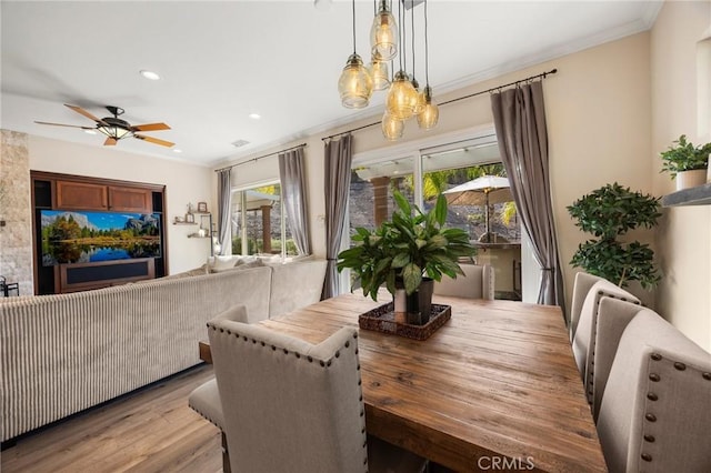 dining room featuring a ceiling fan, ornamental molding, wood finished floors, and recessed lighting