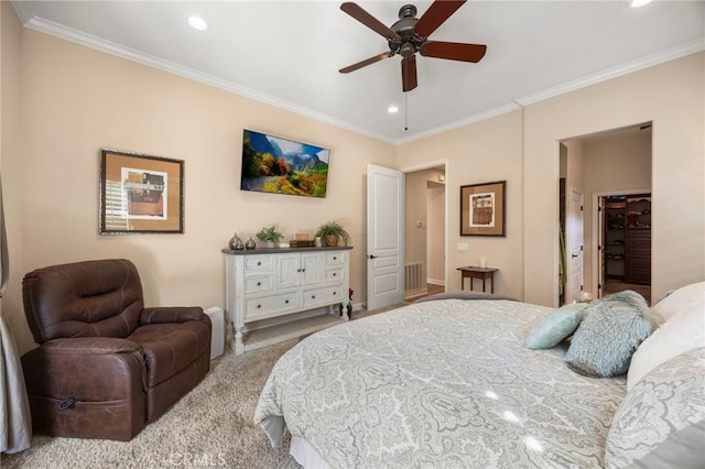 bedroom featuring recessed lighting, baseboards, crown molding, and light colored carpet