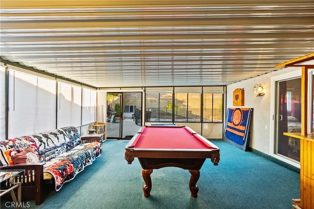 rec room featuring dark colored carpet and billiards