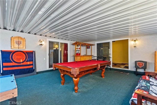 rec room featuring pool table and dark carpet