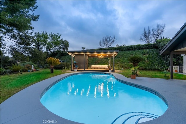 outdoor pool with a yard, a patio, outdoor lounge area, and a pergola