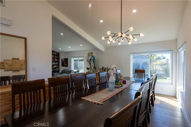 dining space with recessed lighting, a notable chandelier, beamed ceiling, and wood finished floors