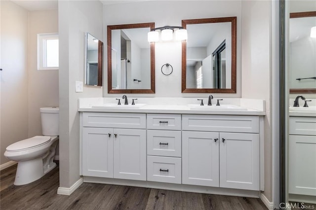 bathroom featuring wood finished floors, a sink, and double vanity