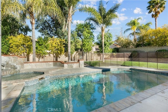 view of swimming pool featuring a fenced backyard, a jacuzzi, and a fenced in pool