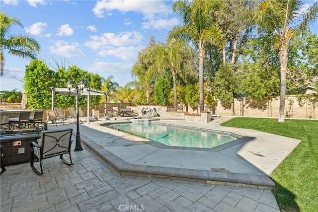 view of swimming pool featuring a fenced in pool, a fenced backyard, a yard, a patio area, and a pergola