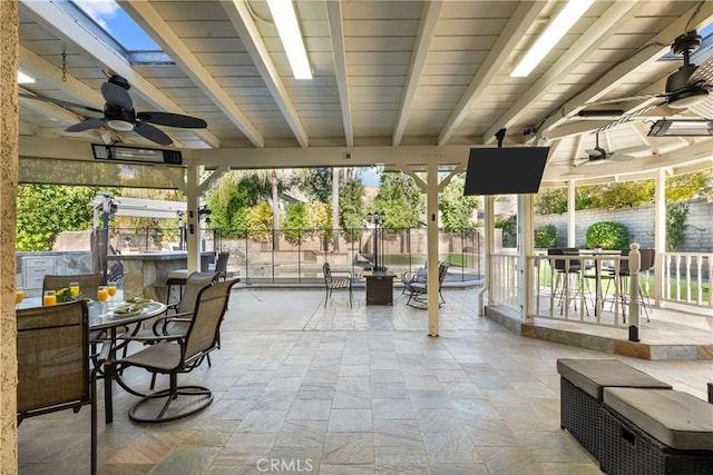 view of patio featuring a ceiling fan, outdoor dining area, and a fenced backyard