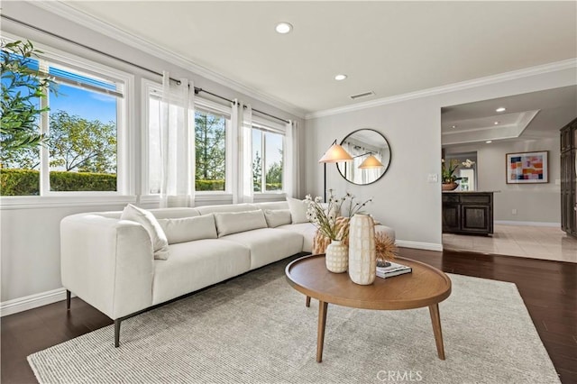 5386 Harter Ln, La Canada Flintridge, CA 91011 - living room featuring baseboards, healthy amount of natural light, recessed lighting, wood finished floors, and ornamental molding