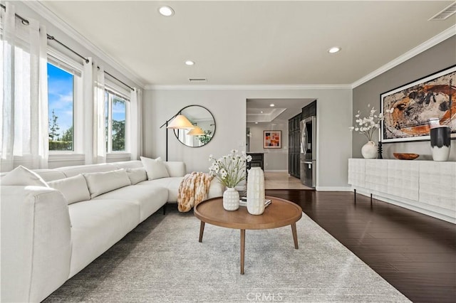 5386 Harter Ln, La Canada Flintridge, CA 91011 - living room featuring dark wood finished floors, recessed lighting, baseboards, and crown molding