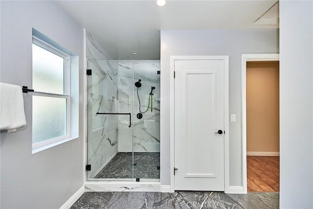 5386 Harter Ln, La Canada Flintridge, CA 91011 - bathroom with baseboards, a marble finish shower, recessed lighting, and marble look tiles