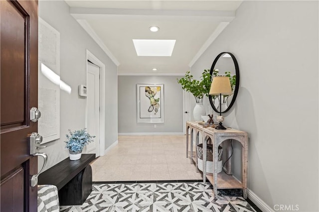 5386 Harter Ln, La Canada Flintridge, CA 91011 - corridor featuring a skylight, baseboards, crown molding, light flooring, and recessed lighting