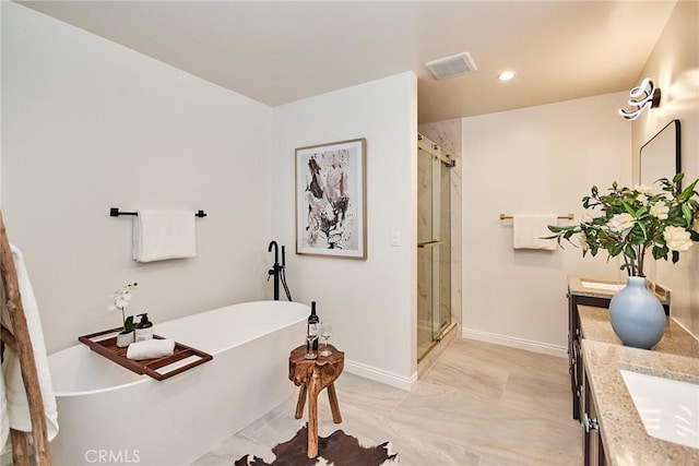 5386 Harter Ln, La Canada Flintridge, CA 91011 - bathroom with vanity, a stall shower, recessed lighting, a soaking tub, and baseboards