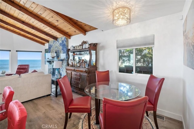 dining room featuring a water view, visible vents, lofted ceiling with beams, wood ceiling, and wood finished floors