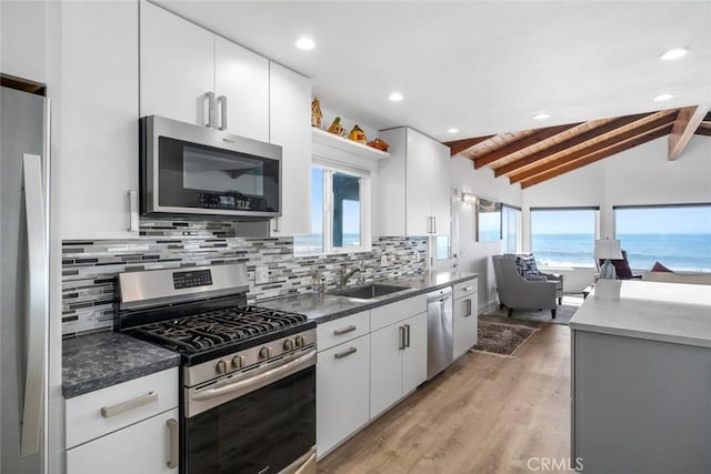 kitchen with stainless steel appliances, dark countertops, a sink, and a water view