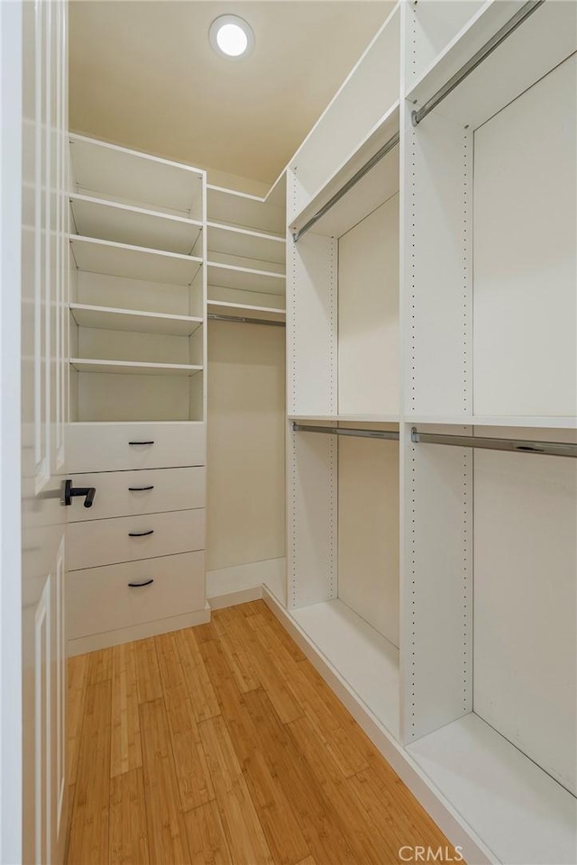 walk in closet with light wood-type flooring