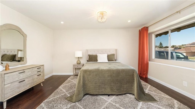 bedroom featuring dark wood-style floors, recessed lighting, and baseboards