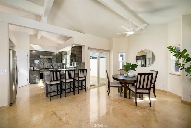 dining area featuring baseboards, a ceiling fan, beamed ceiling, marble finish floor, and high vaulted ceiling