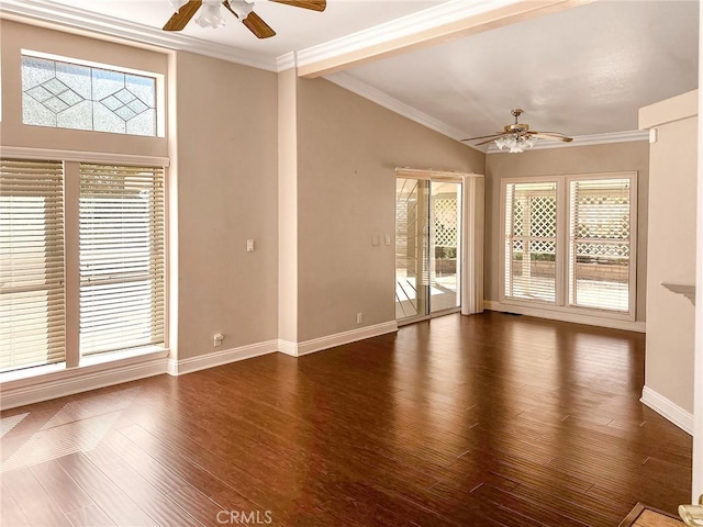 unfurnished living room with vaulted ceiling with beams, ceiling fan, baseboards, and dark wood finished floors