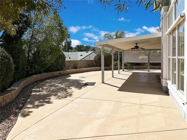 view of patio / terrace featuring a ceiling fan and a fenced backyard