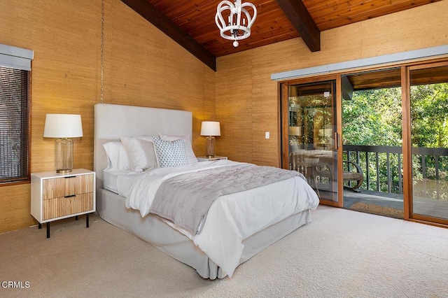 bedroom featuring lofted ceiling with beams, a notable chandelier, carpet flooring, wood ceiling, and access to exterior