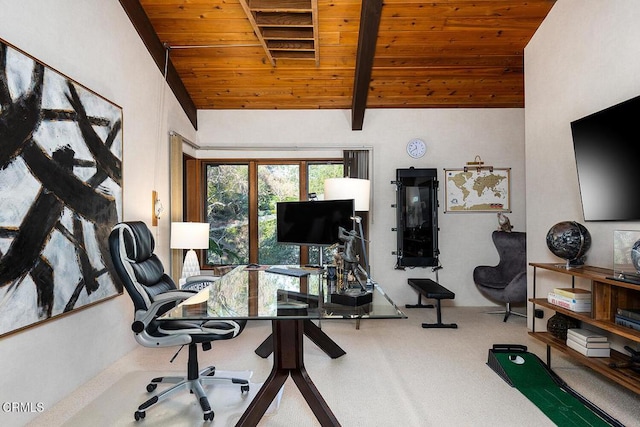 office with vaulted ceiling with beams, carpet flooring, and wood ceiling