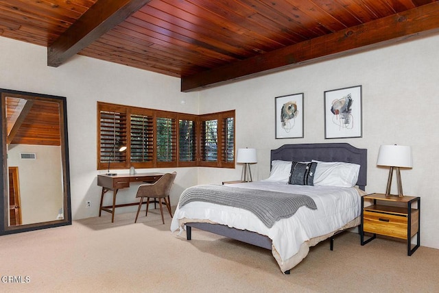 carpeted bedroom featuring wood ceiling, visible vents, and beamed ceiling