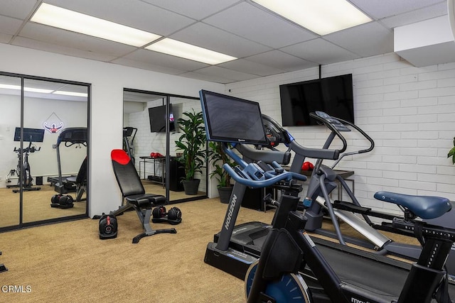 workout area with a paneled ceiling, brick wall, and carpet floors