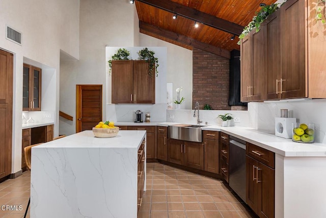 kitchen with tasteful backsplash, stainless steel dishwasher, glass insert cabinets, wood ceiling, and beamed ceiling