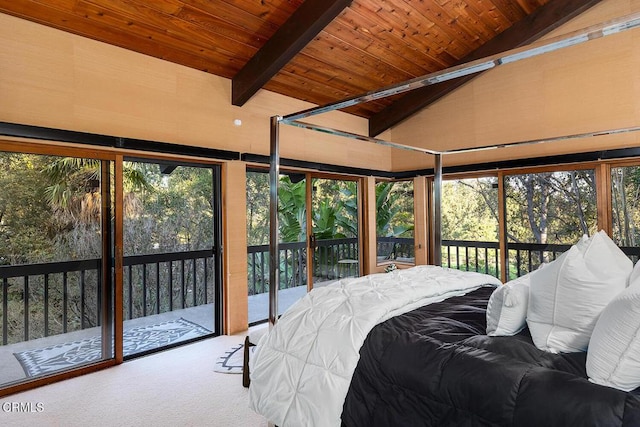 bedroom featuring lofted ceiling with beams, access to outside, wooden ceiling, and carpet