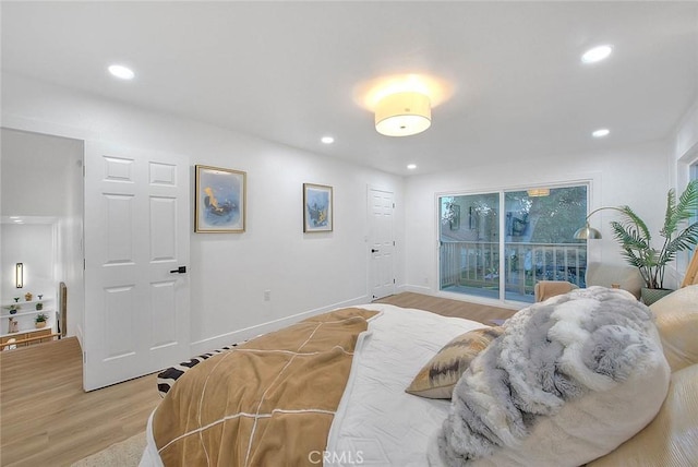 bedroom with baseboards, access to outside, light wood finished floors, and recessed lighting