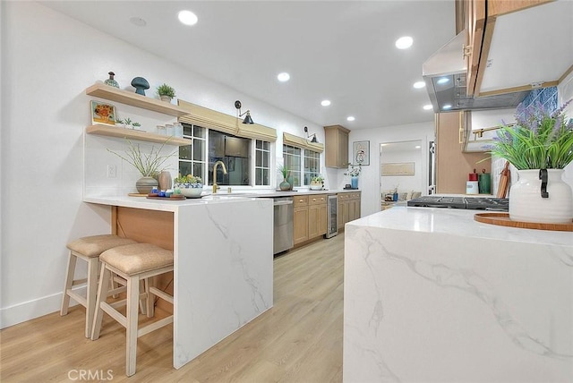 kitchen featuring beverage cooler, a kitchen breakfast bar, a peninsula, open shelves, and stainless steel dishwasher