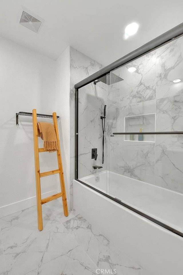 bathroom with enclosed tub / shower combo, marble finish floor, visible vents, and baseboards