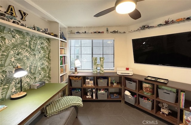 interior space featuring tile patterned flooring and ceiling fan