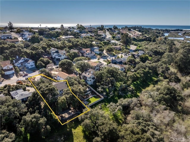 aerial view featuring a residential view and a water view