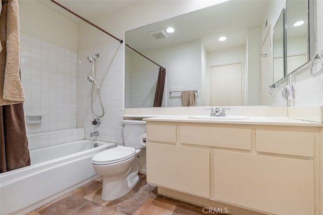 bathroom with toilet, recessed lighting, visible vents, vanity, and shower / bath combo