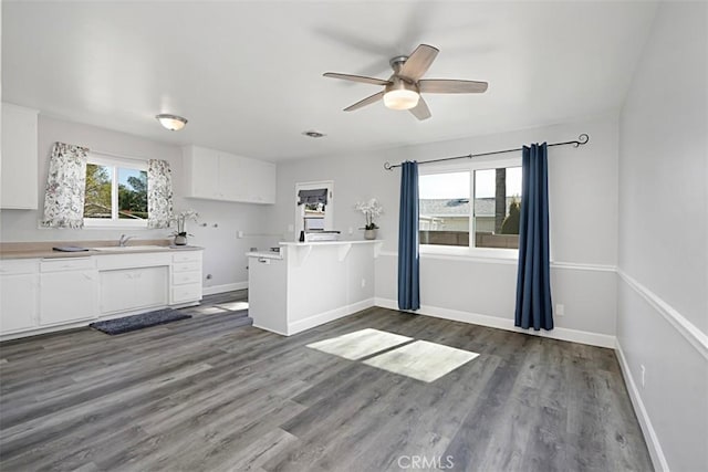 kitchen with baseboards, plenty of natural light, dark wood finished floors, and white cabinets