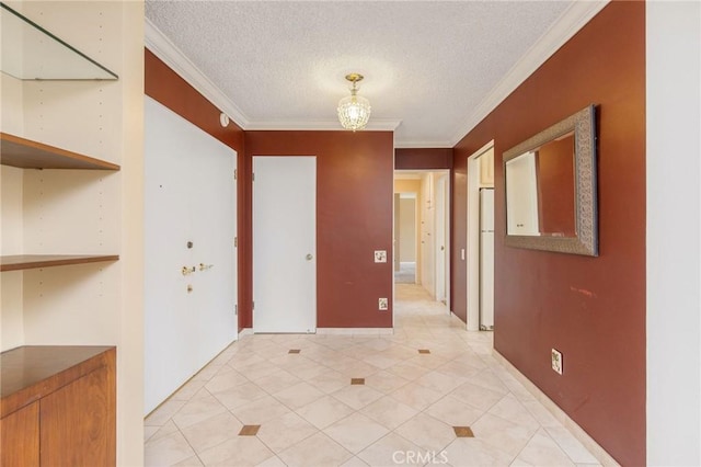 32709 Seagate Dr Unit 108, Rancho Palos Verdes, CA 90275 - corridor with crown molding, a textured ceiling, baseboards, and light tile patterned floors