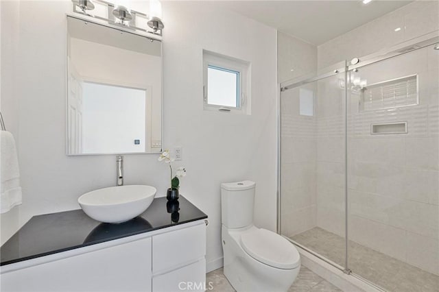 full bath featuring a shower stall, toilet, and vanity