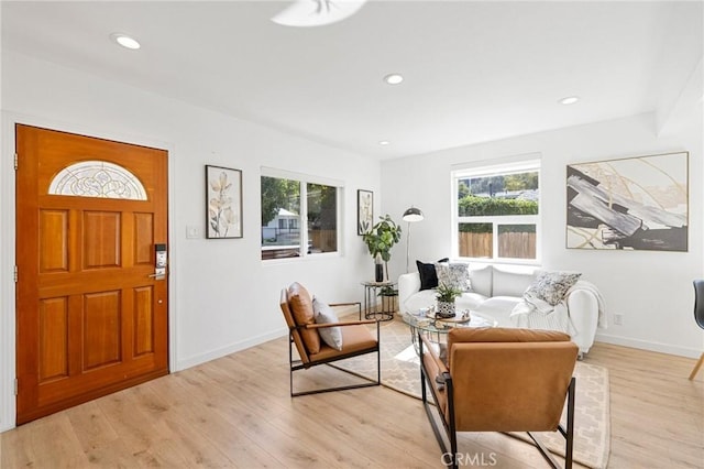 living area featuring light wood finished floors, baseboards, and a wealth of natural light