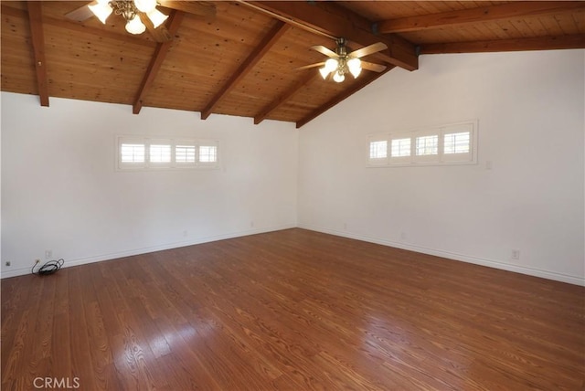 empty room with vaulted ceiling with beams, wooden ceiling, ceiling fan, and wood finished floors